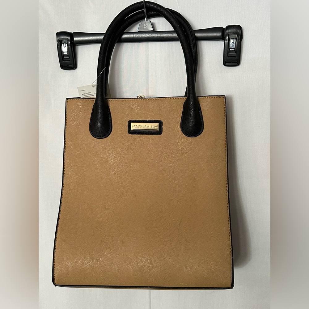NWT Jaclyn Smith Gusseted Small Tote Beige W/Black Trim